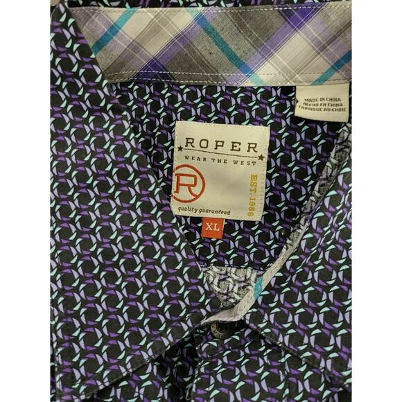 Roper Pearl Snap Button Up Shirt Geo Print Purple Blue Men XL Cowboy Rodeo - Picture 6 of 7